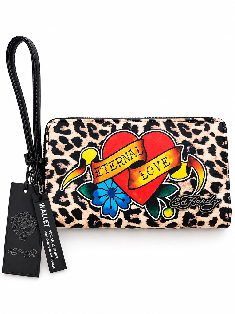 Ed Hardy Eternal Love Leopard Print Zip Around Wristlet Wallet